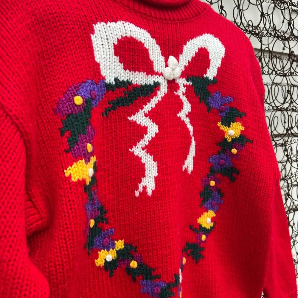 Vintage Red Mock Neck Sweater Wreath Bow Floral Knit Hasting Smith SMALL - Image 2