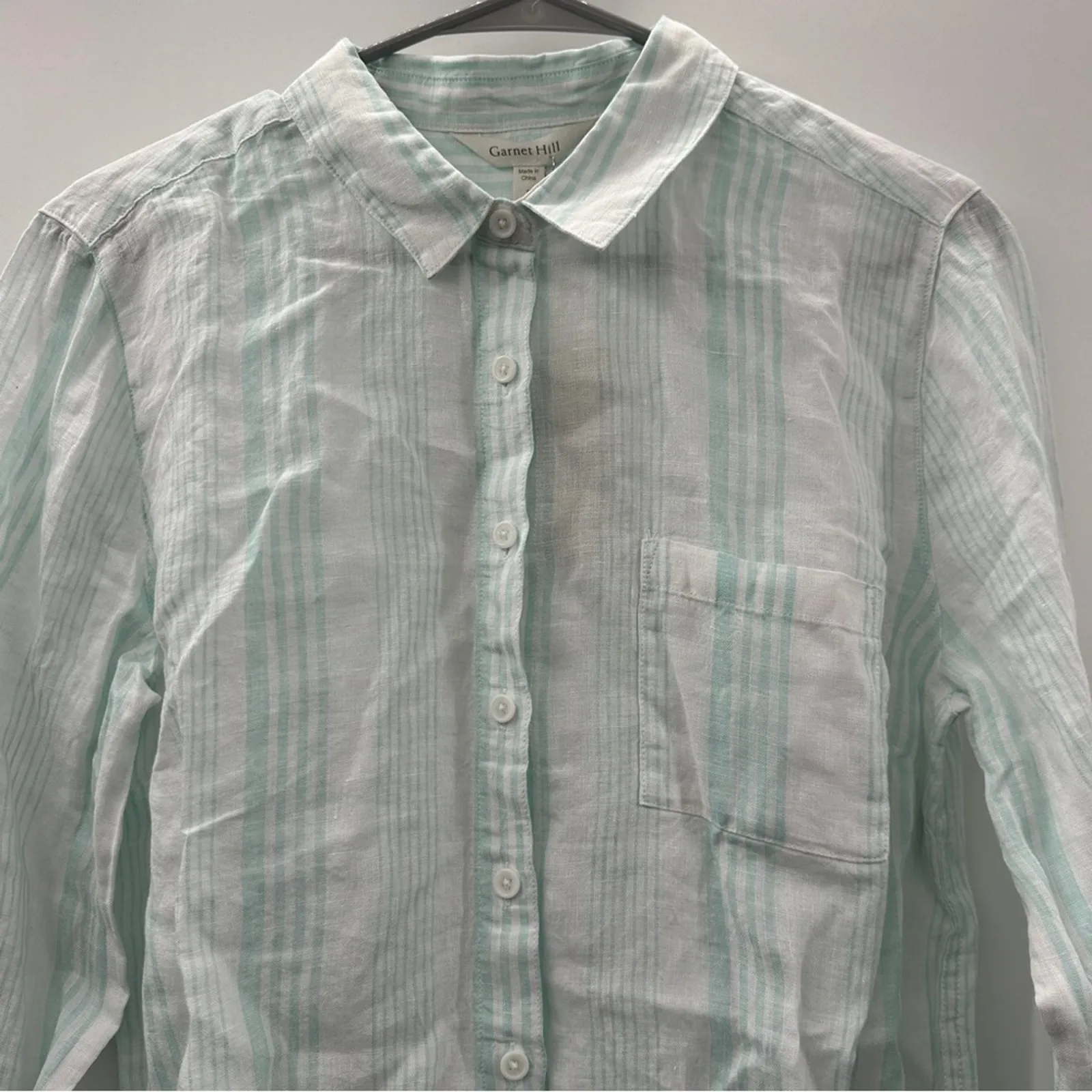 Garnet Hill Linen Light Blue & White Striped Long Sleeve Button Down Top 8 NEW - Image 2