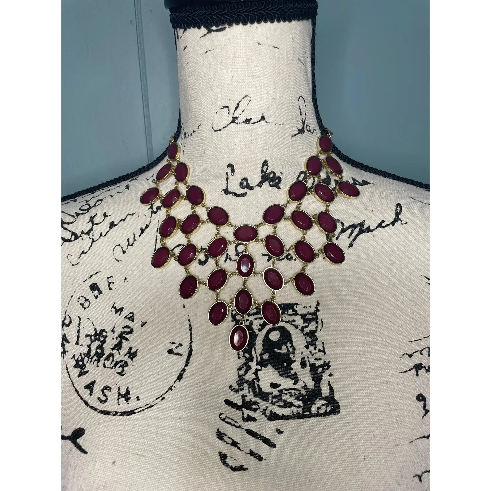 Gold Tone Statement Necklace Burgundy Oval Gemstone Bib Dangle - Image 5