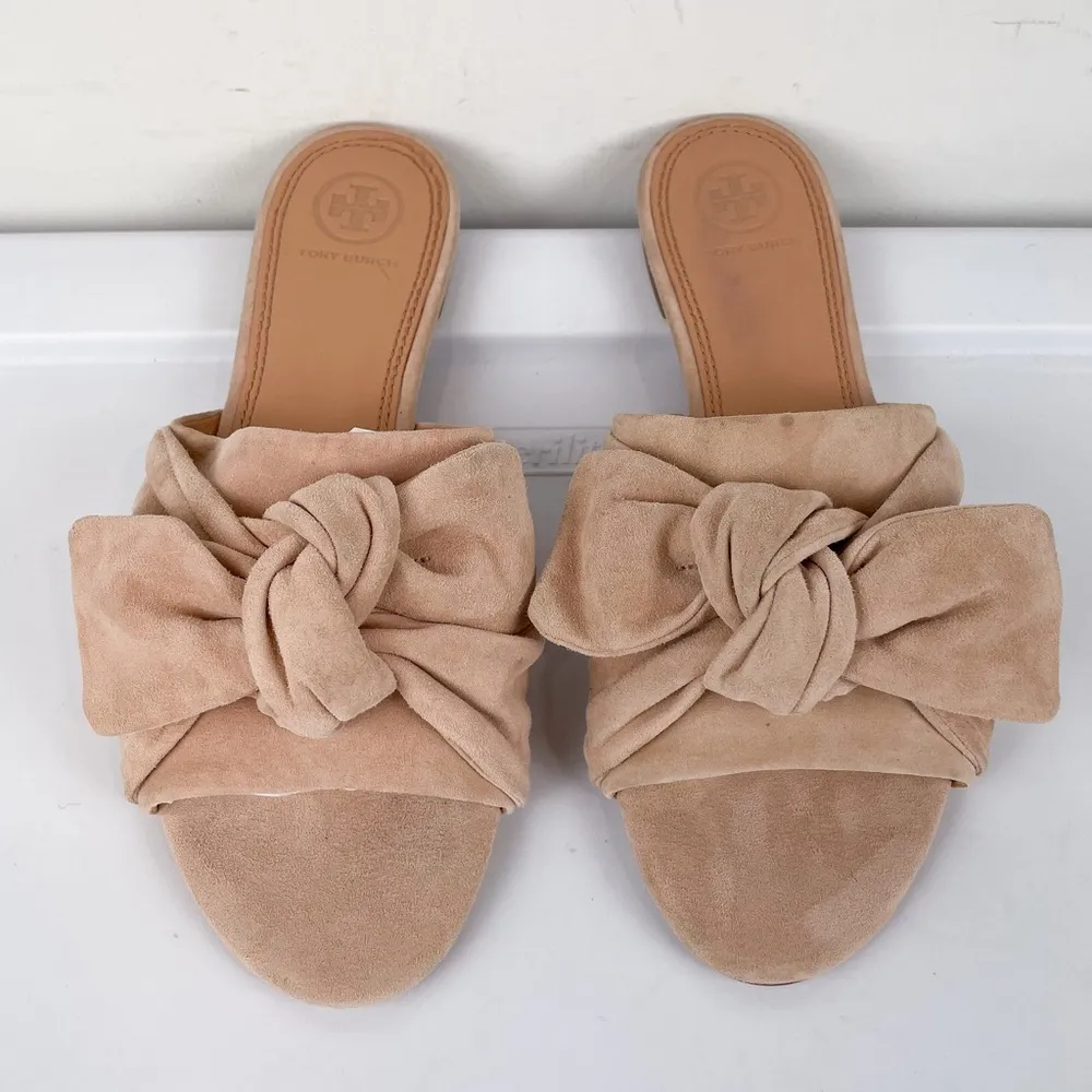 Tory Burch Suede Annabelle Bow Slides Sz 7.5 Nude Blush - Image 6