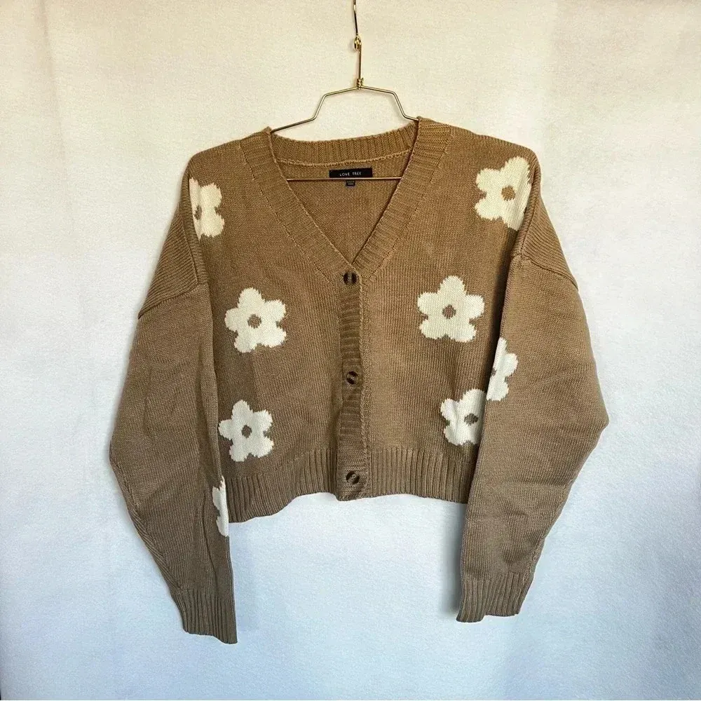 Cardigan Sweater Floral Knitted Oversized Boxsy Waist Length Khaki Brown - Image 5