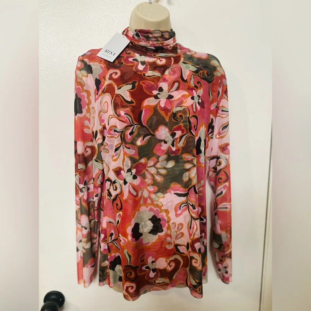 Misa Los Angeles XL Nadja Top Blouse Mesh Floral Long Sleeve Y2K Turtleneck - Image 2