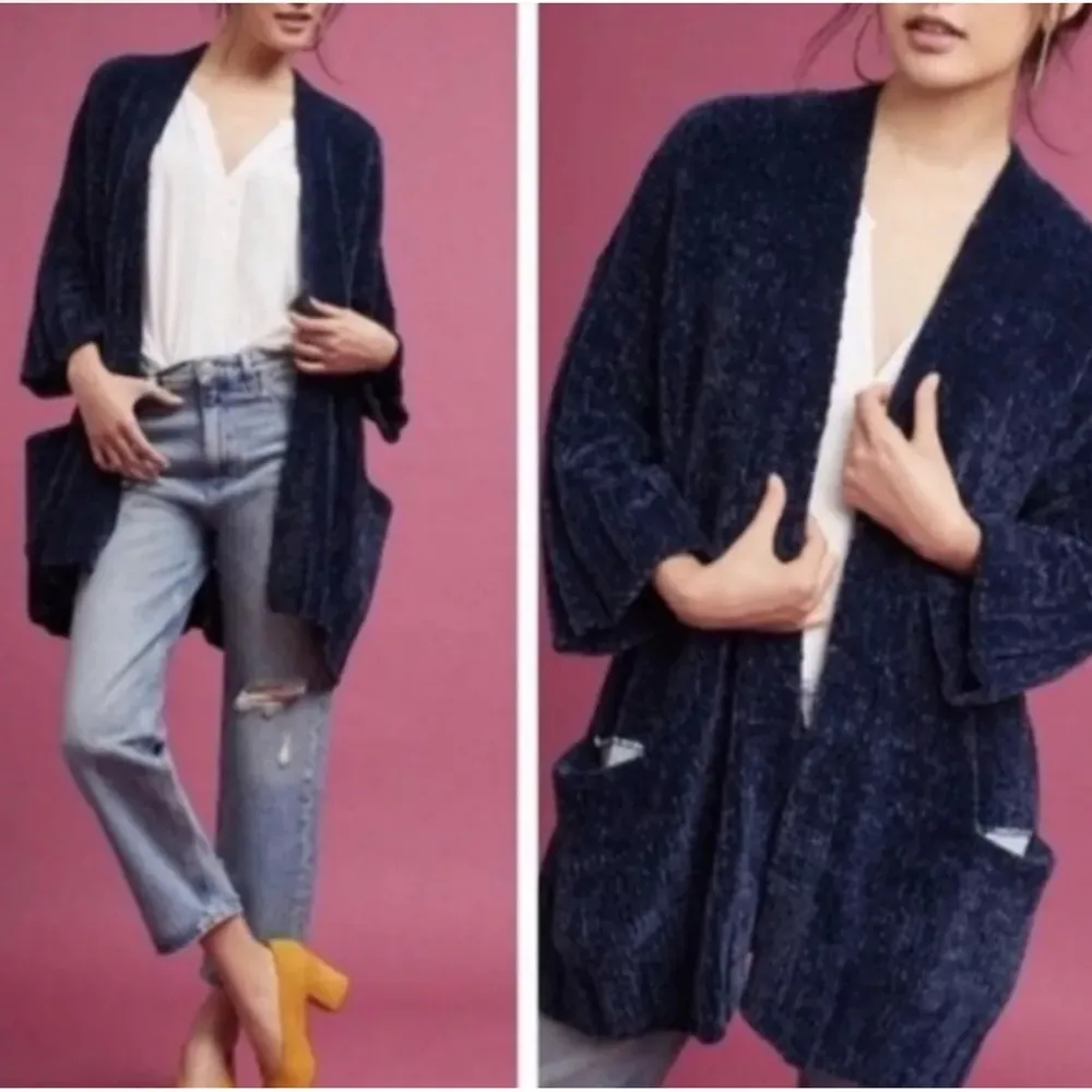 Anthropologie Moth Chennile Cardigan Chunky Knit Oversize Navy Blue Size S - Image 2