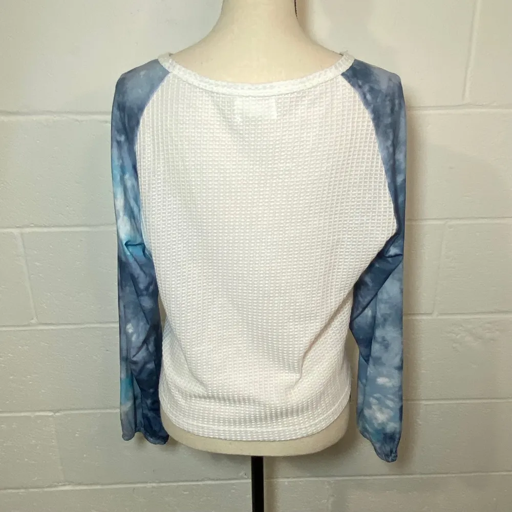 Love + Harmony White Waffle Pattern & Blue Tie Dyed Long Sleeve Side Tie Blouse - Image 3