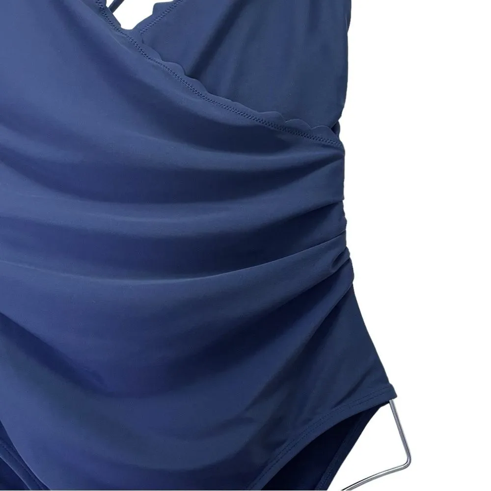 NWT GAP Scallop Trim One Piece Strappy Ruched Swimsuit Navy Blue Size Medium NEW - Image 6