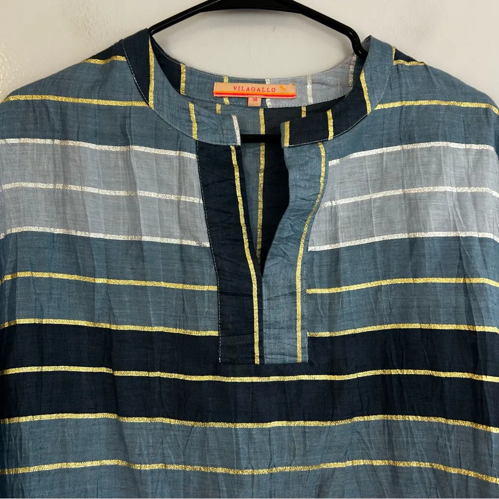 Vilagallo Blue Metallic Striped Split Neck Linen Blend Popover Blouse Size 8 - Image 2