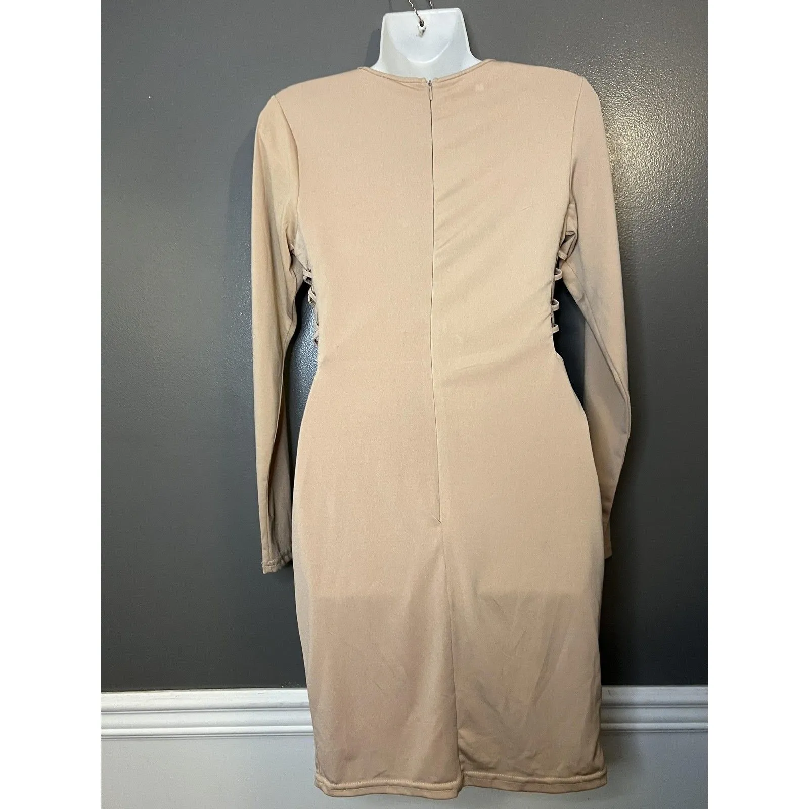 Charlotte Russe Dress Womens Medium Beige Long Sleeve Lattice Cutout Bodycon - Image 5