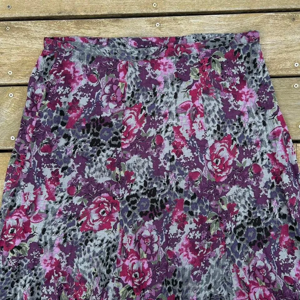 Vintage Rayon Purple White Stag Floral Midi Skirt w/ Elastic Sided Waistband - Image 2