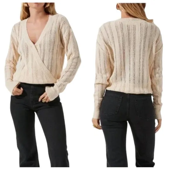New ASTR Faux Wrap Pointelle Knit Long Sleeve Sweater Top Pullover Cream L - Image 2