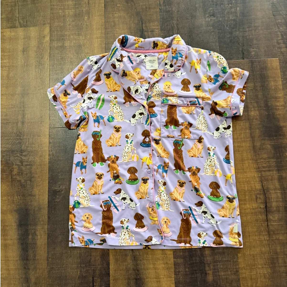 Chelsea Peers Dog Print Pajama Set Short Sleeve Button Top Shorts Size Small Purple - Image 2