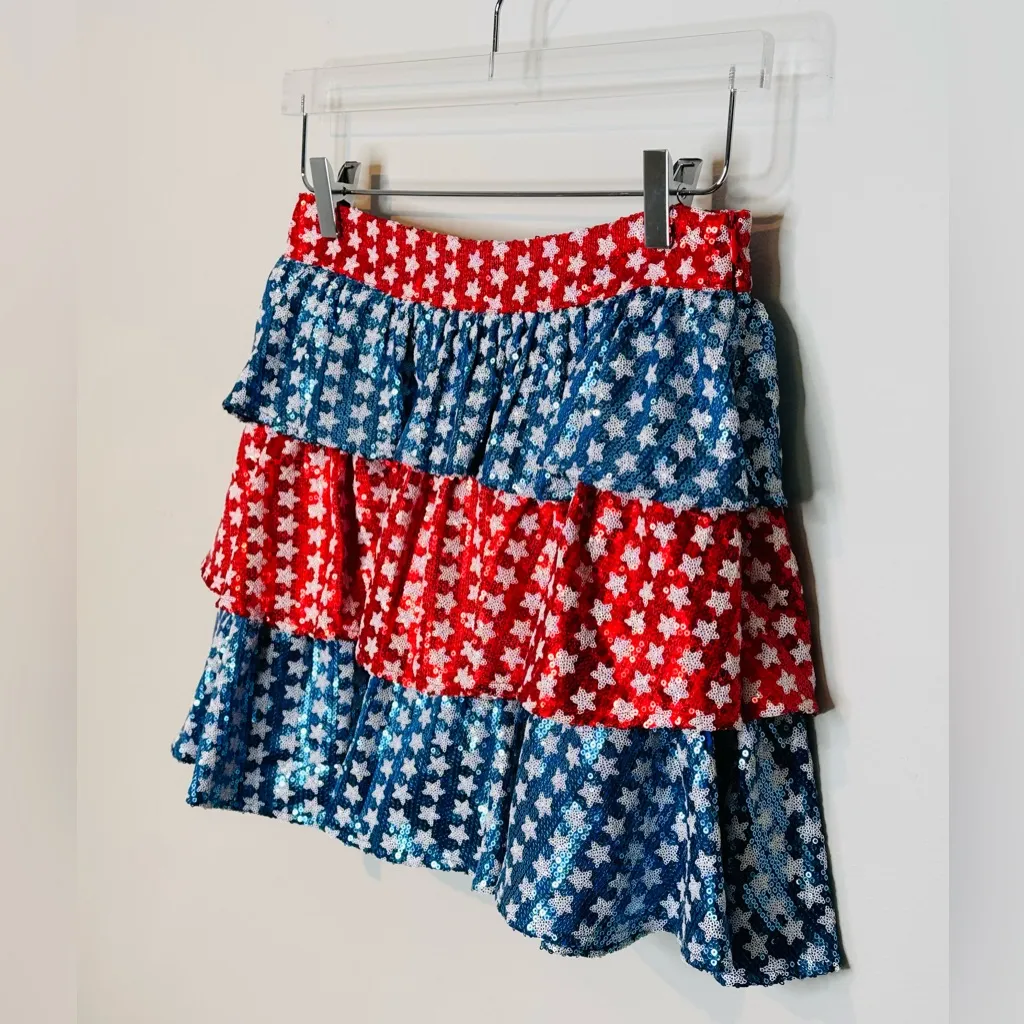 Queen of Sparkles Spangle Stars Red White Blue Tiered Mini Skirt Skort - Image 6