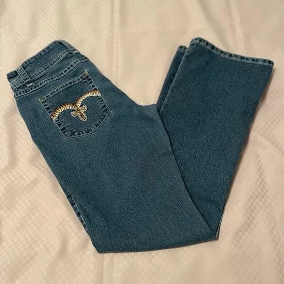 Drama Gold vintage low rise boot cut jeans w/fleur de lis pocket design Sz. 9/10 - Image 2