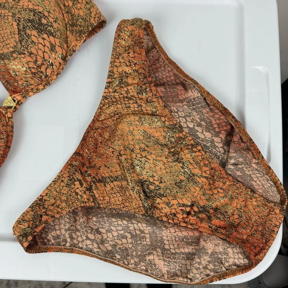 Vtg Venus Womens Orange Gold Metallic Snakeskin Bikini Set Sz A Cup Large - Image 10