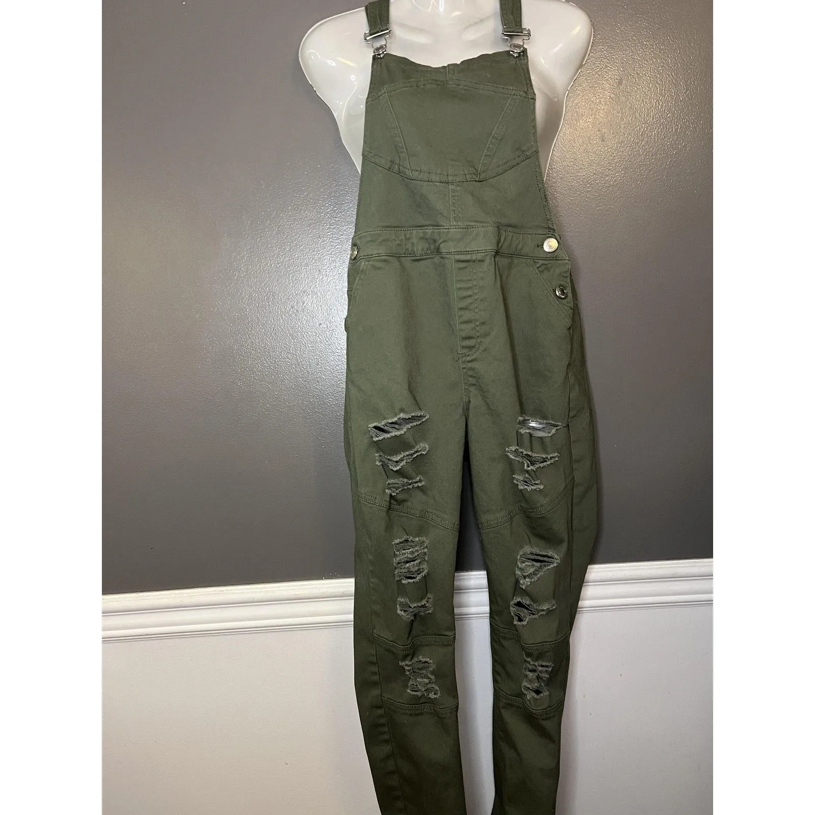 U2B Urban Basics Overalls Womens Medium Olive Green Distressed Bib Ripped - Image 2