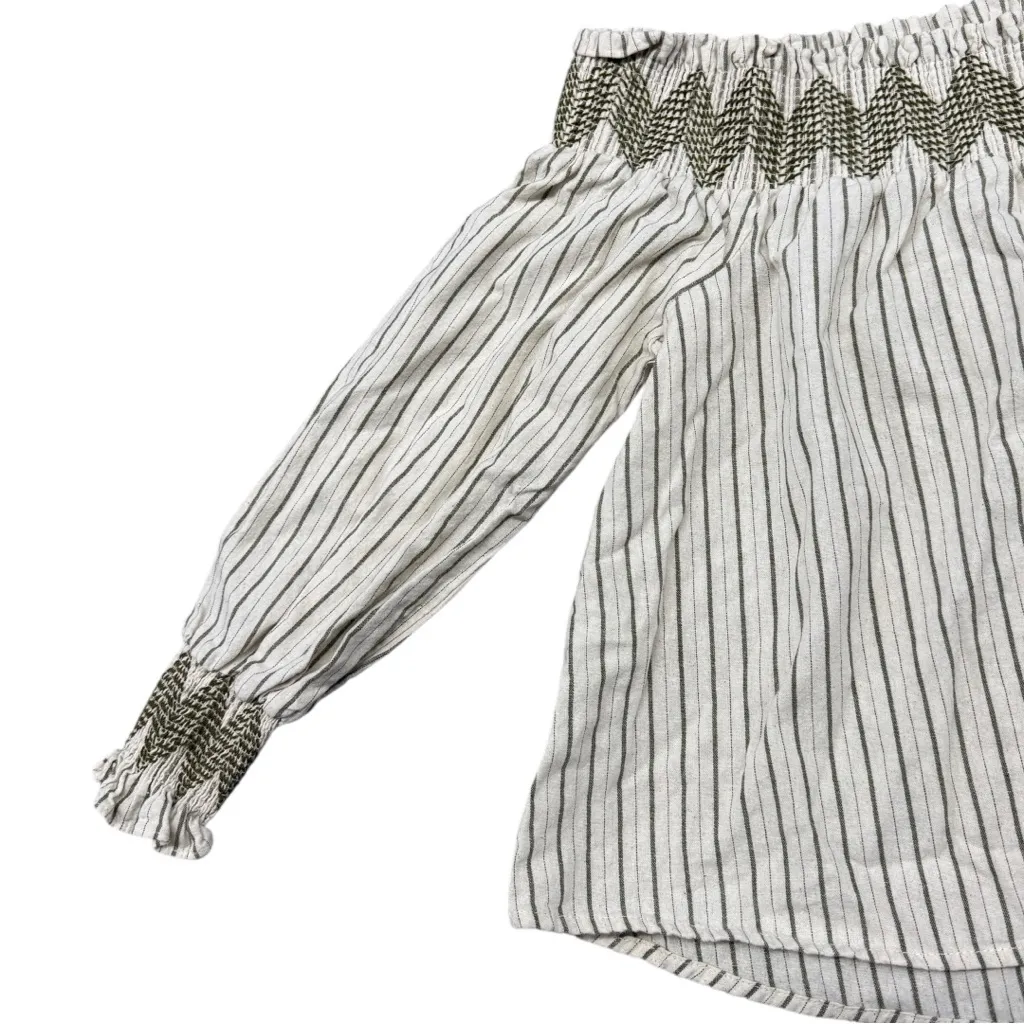 Moon River Off-Shoulder Striped Blouse in White and Green - Image 2