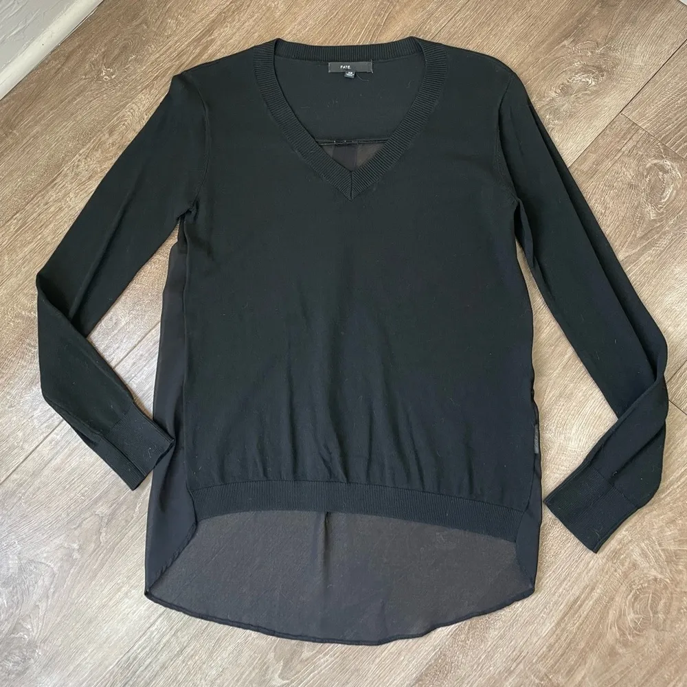 Fate Black Sheer Back Long Sleeve V-neck Sweater Blouse Going Out Top ~ Size XS - Image 10