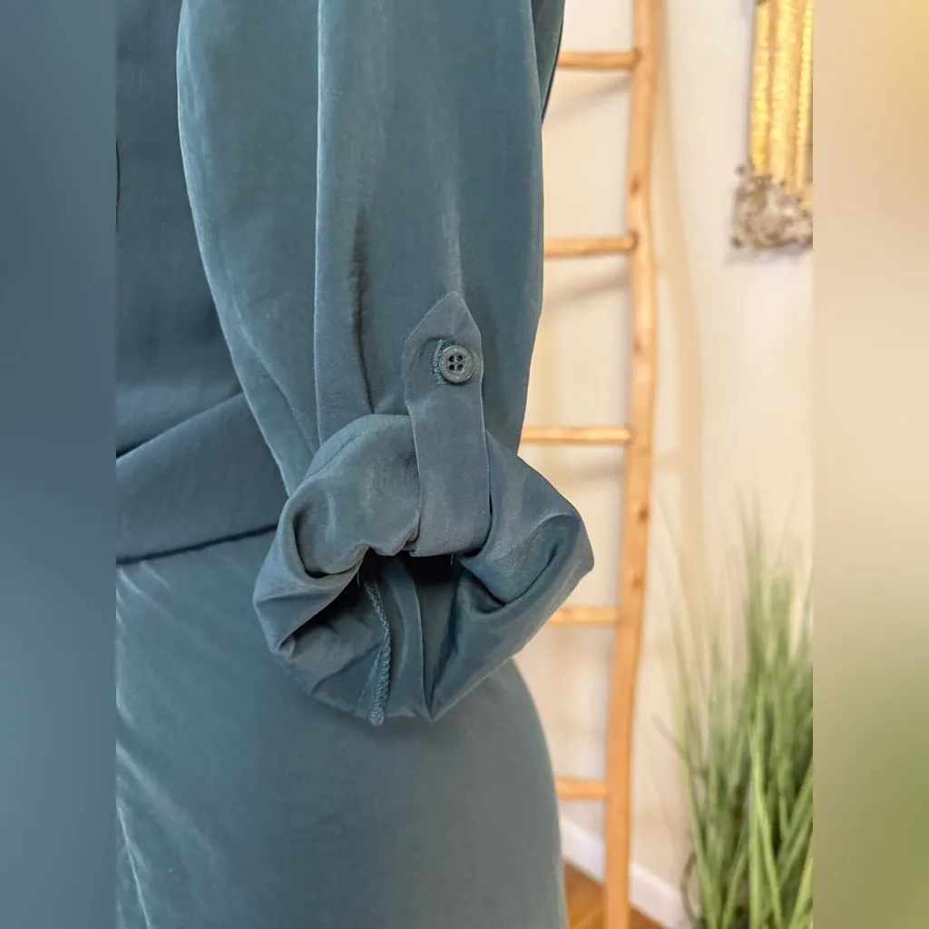 Glam Shirt Dress Button Front Short Roll Tab Sleeve Pocket Tie Waist small Green - Image 4