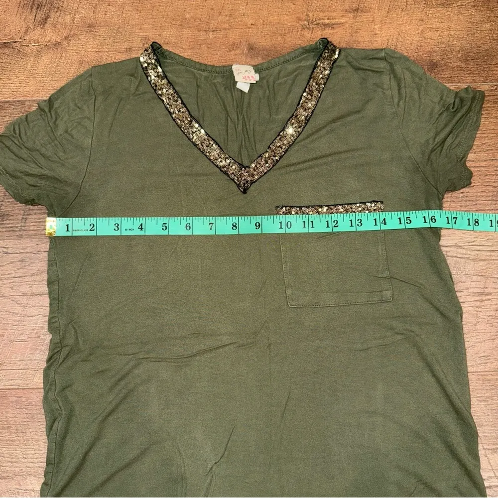 7th Ray Olive Green Sequin Trim Pocket V-Neck Top - Image 8