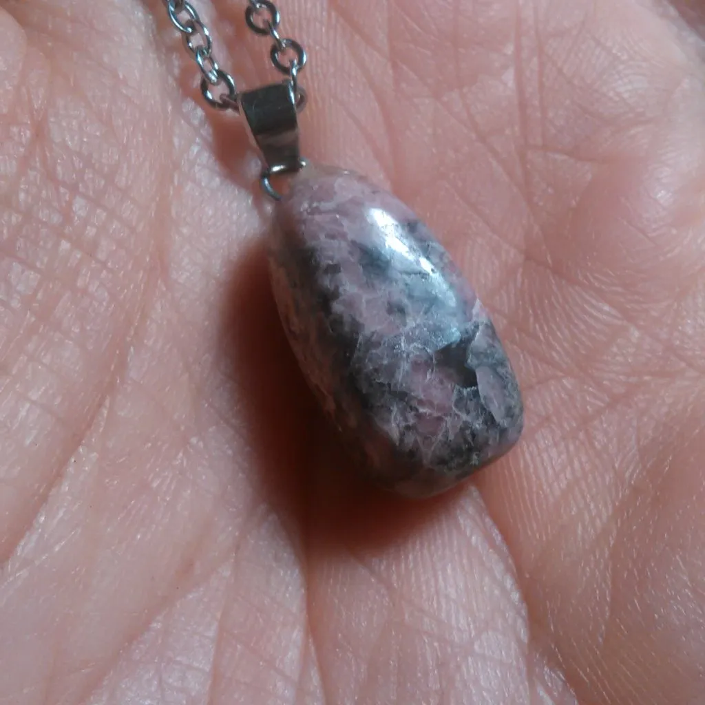 Rhodochrosite Silvertone Brass Pendant Stainless Steel Necklace - Image 6