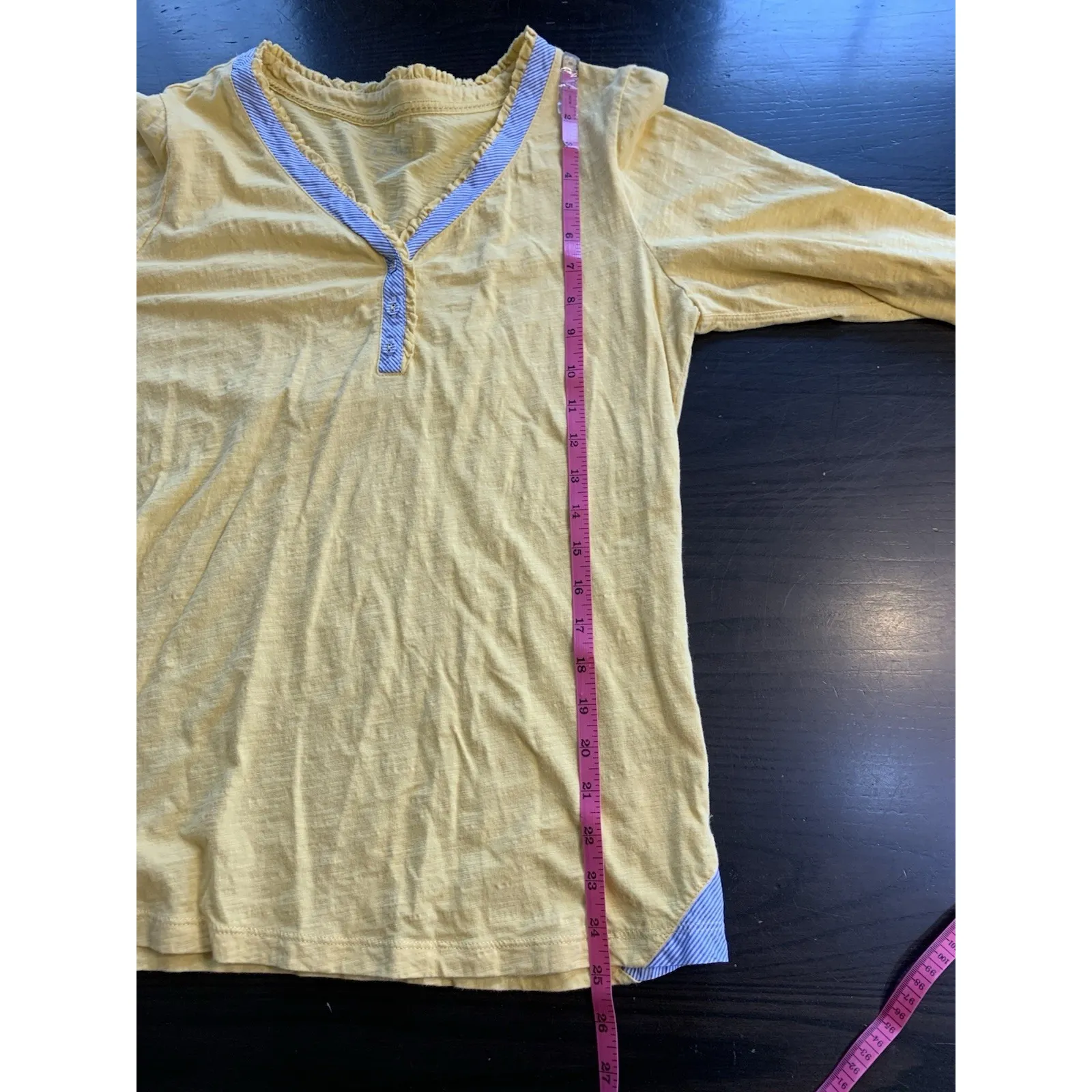 LL Bean Butter Yellow Shirt Womens Top Slub Roll‎ Tab Blue Stripe Trim Preppy Size M - Image 11