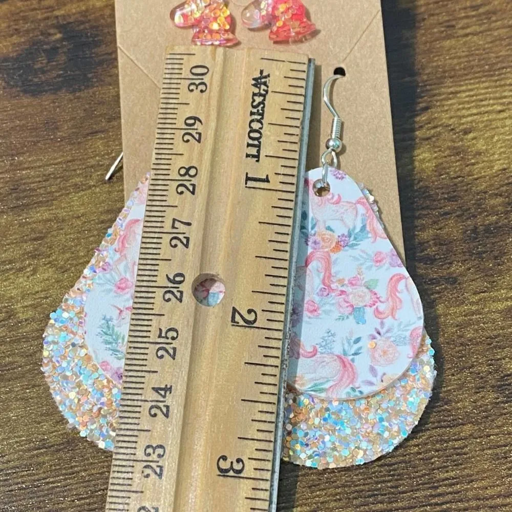 Women's Glitter Unicorn‎ Earring Set Dangle And Studs Peach Set Vegan Leather - Image 6