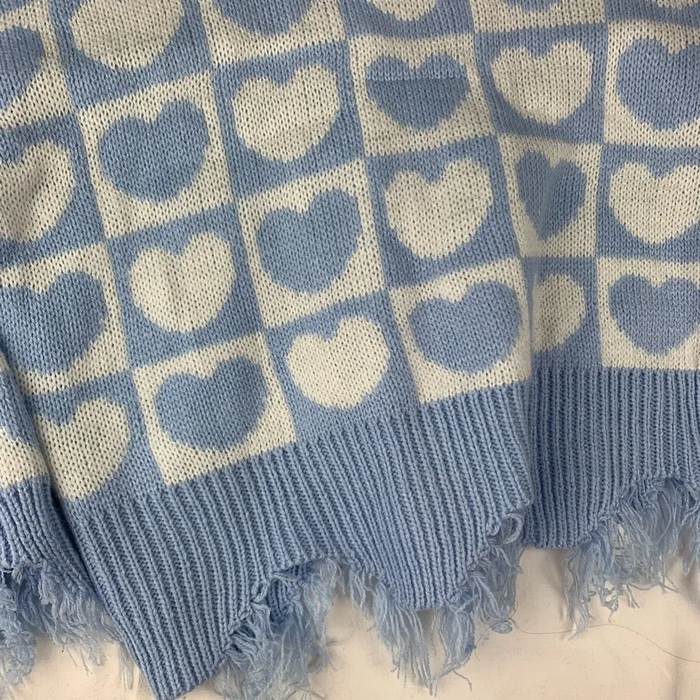 Just Polly women's size XL Blue White heart patchwork checkers Knit Sweater dist - Image 6