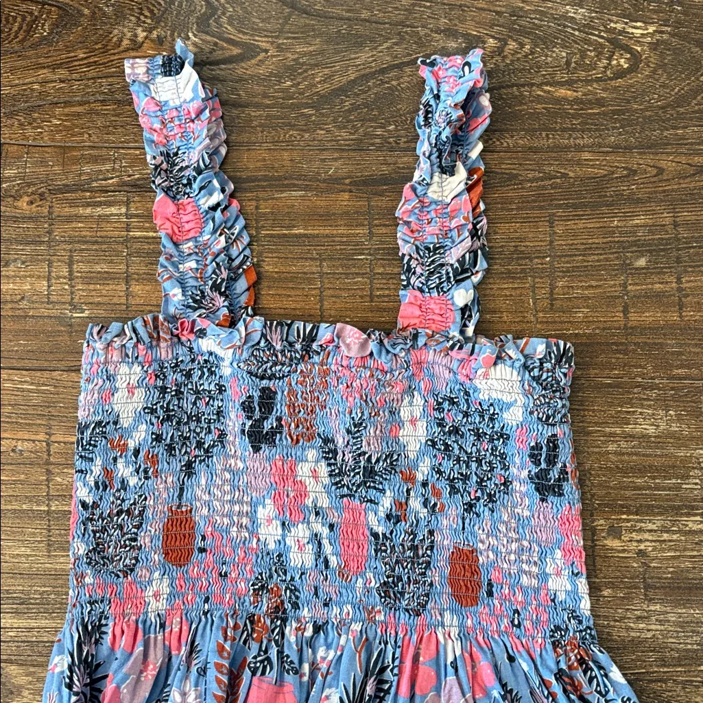 Kate Spade Garden Posy Smocked Midi Dress Blue Pink Floral Cat Cactus Print XS - Image 4