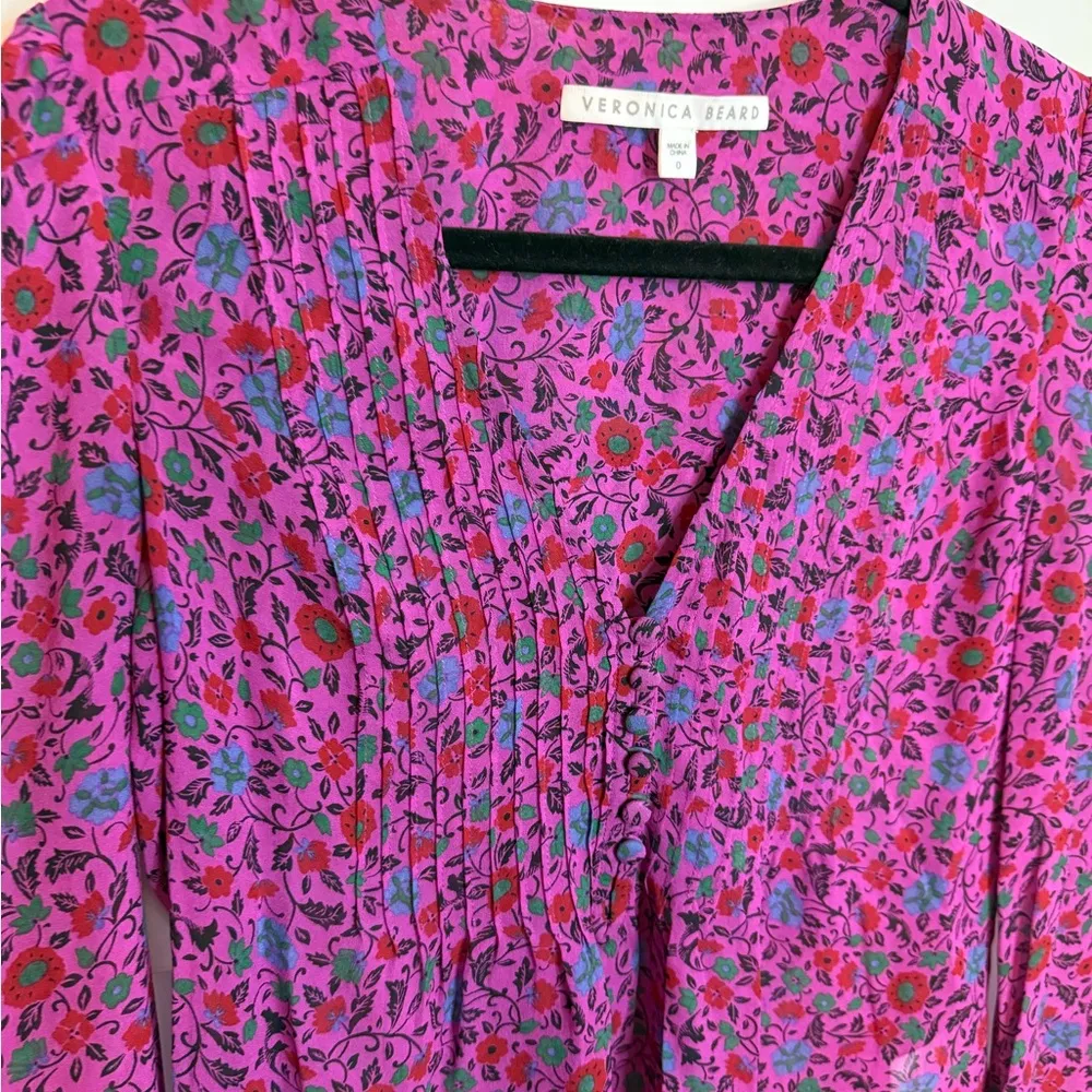 Veronica Beard Ashlynn Fuchsia Floral Silk Pintuck Blouse - Image 9