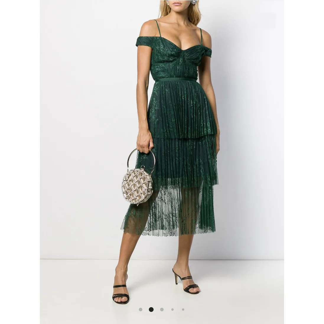 Self-Portrait Green Off Shoulder Fine Lace Dress - Image 7