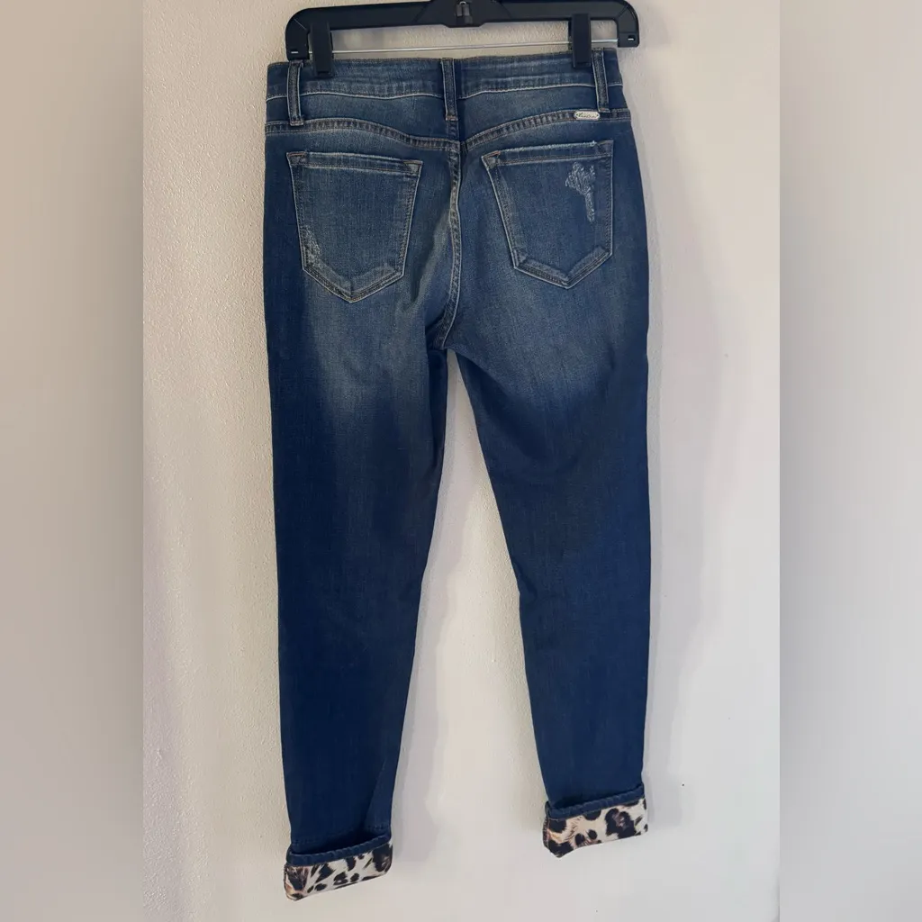 KanCan Dark Blue Distressed Jeans with Leopard Detail, Size 7/27 - Image 4