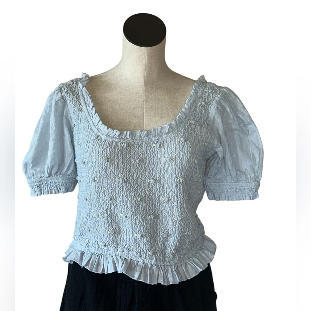 NEW Free People Cecelia Puff Sleeve Smocked embroidered Rosette Cute Top L - Image 6