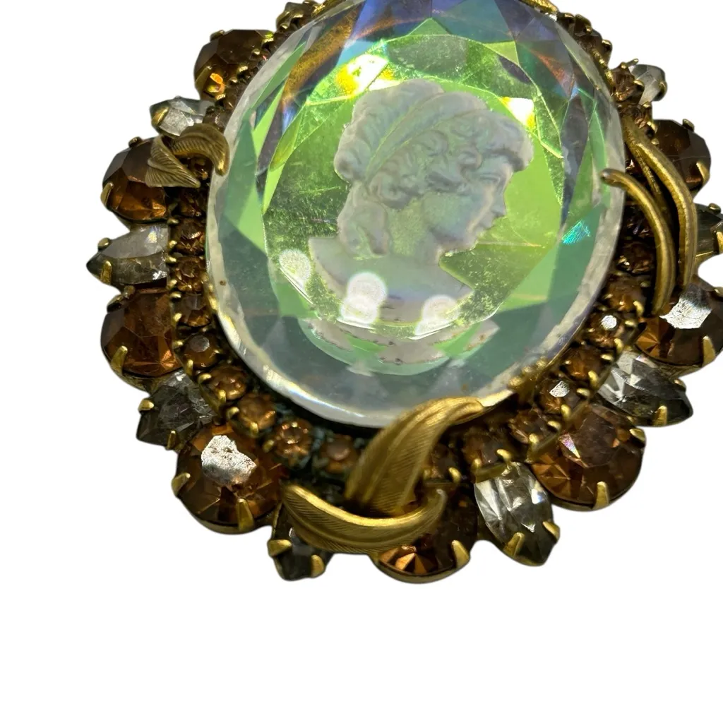 Mid Century Cameo Brooch | Hollywood Regency AB Glass Statement Pin - Image 5