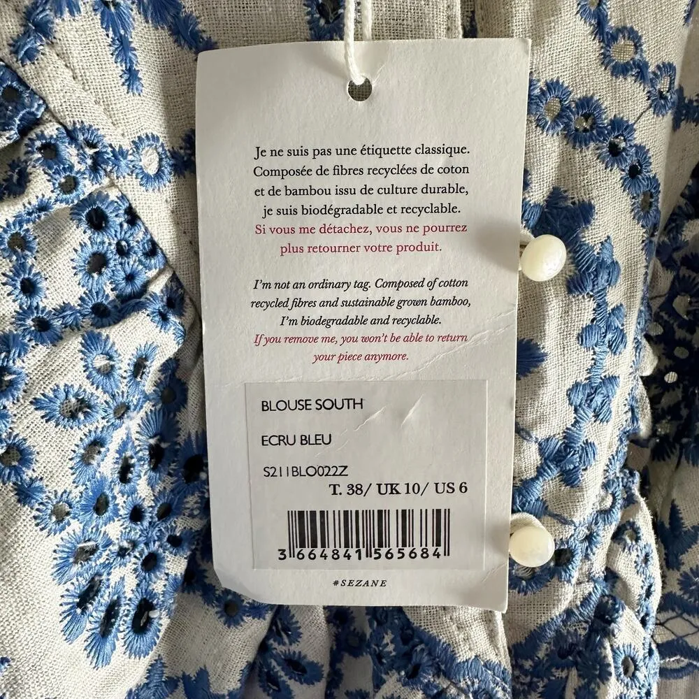 Sezane South Blouse Embroidered Floral Eyelet Blouse Summer French Blouse US 6 - Image 5