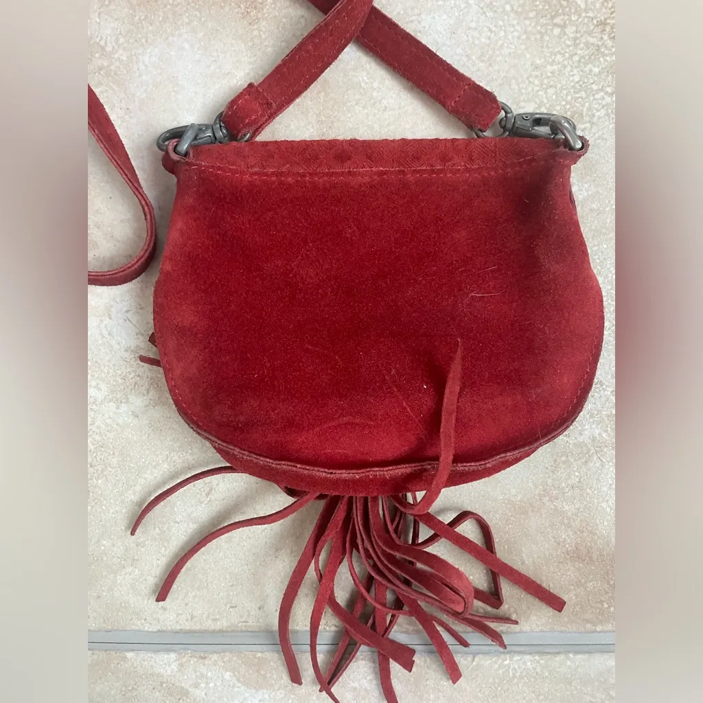 Urban Outfitters Ecote Leanne Maroon EmbossedSuede Saddle Bag, Fringe Bottom - Image 5