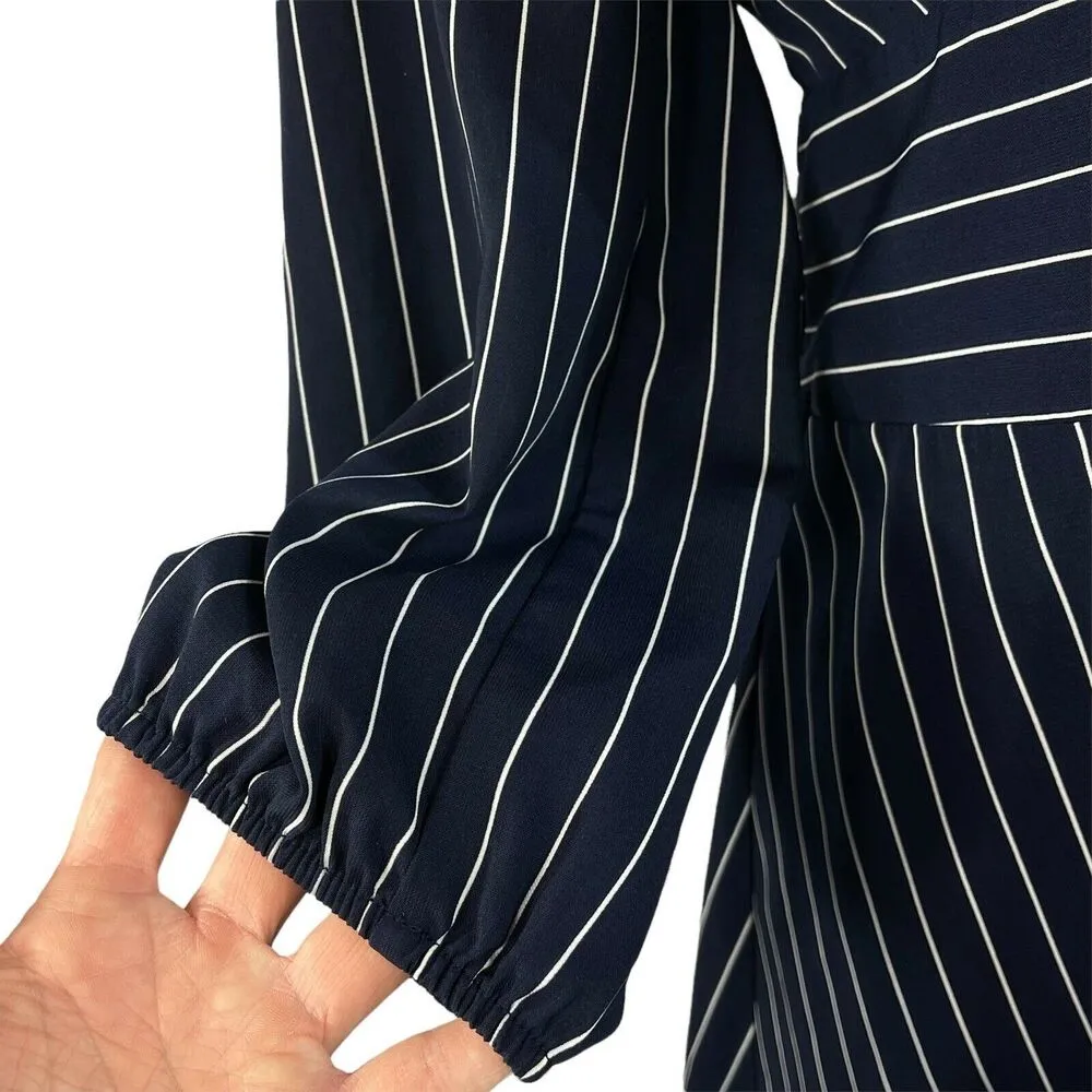 19 Cooper Medium A-Line Mini Dress Striped V-Neck 3/4 Sleeves Button-Up Lined - Image 4