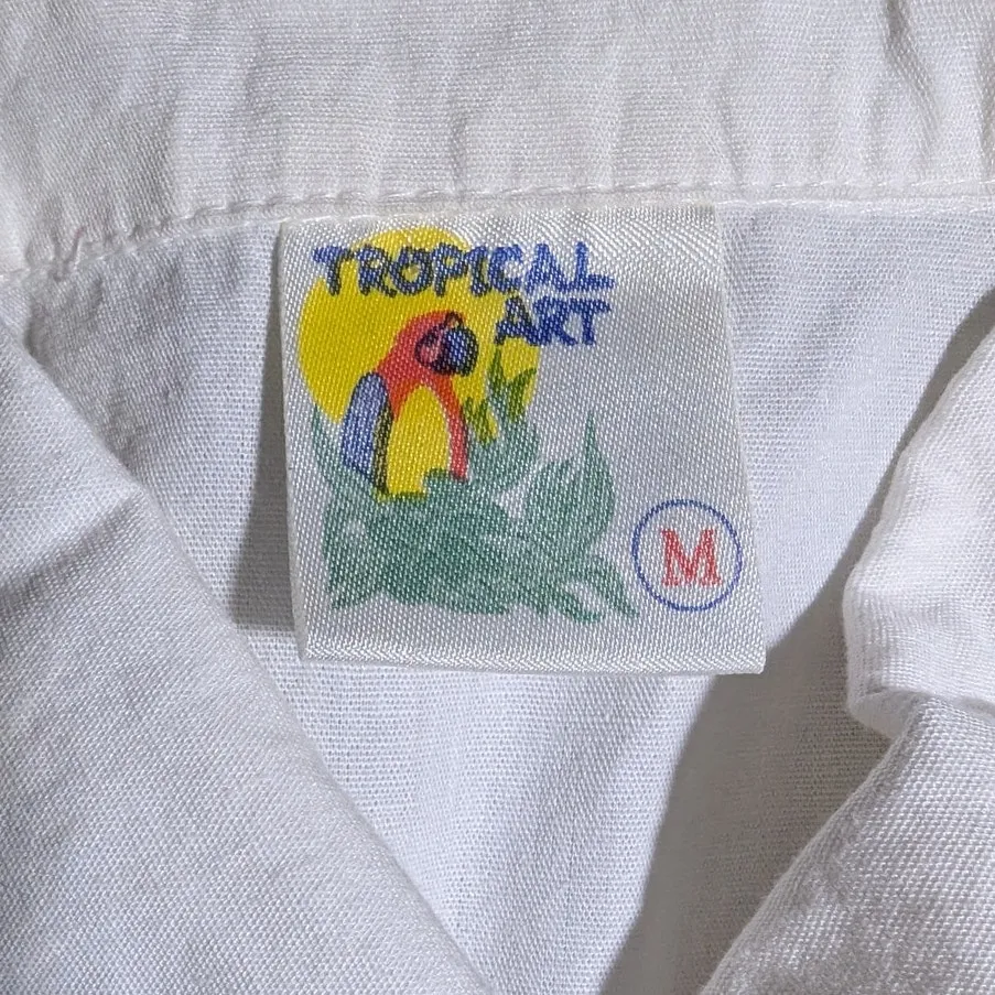 Vtg 1990s Tropical Art White Cotton Colorful Fish Embroidered Button Up Shirt M Size M - Image 5