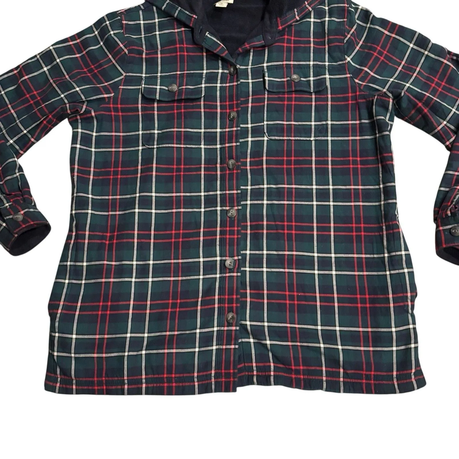 LL Bean Womens Jacket M Blue Tartan Plaid Fleece Lined Flannel Hoodie Shacket Green Size M - Image 2