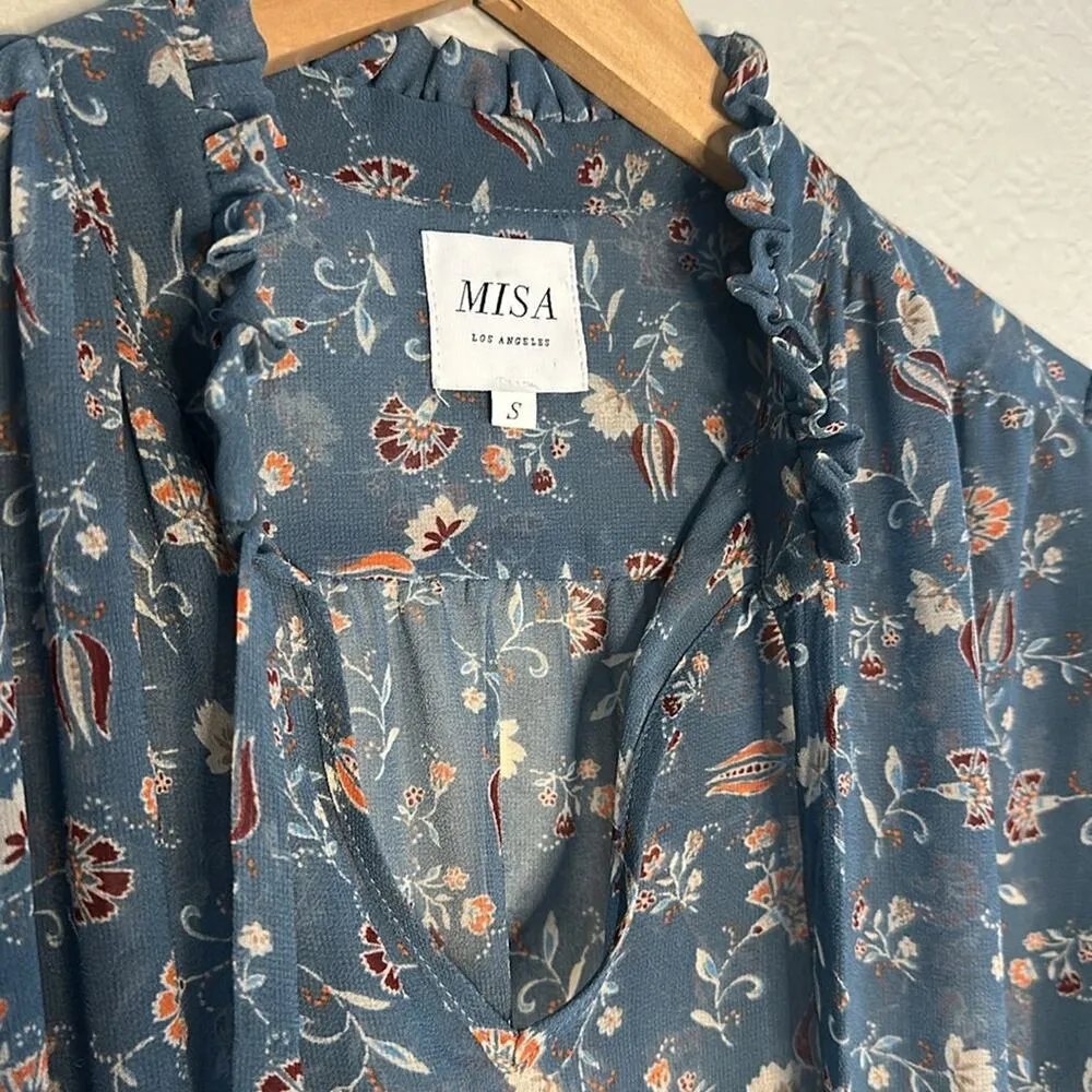 NEW Revolve Misa Blue Sheer Top Girly Feminine Coquette Girly Floral Neck Tie - Image 4