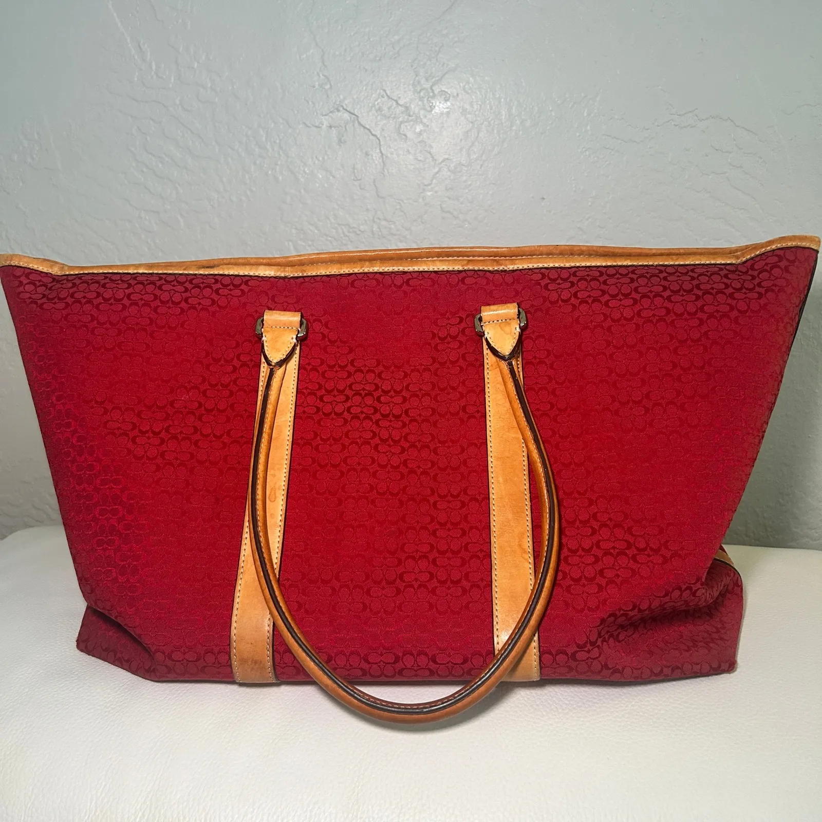 Vintage Coach 3602 Red Signature Jacquard Tote‎ Bag Leather Trim Y2K Large - Image 9