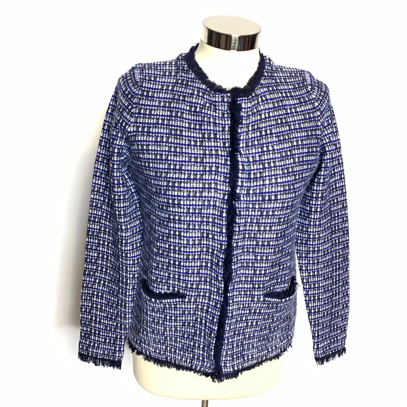 J. Crew knit metallic tweed fringe jacket blue white Sz S - Image 4