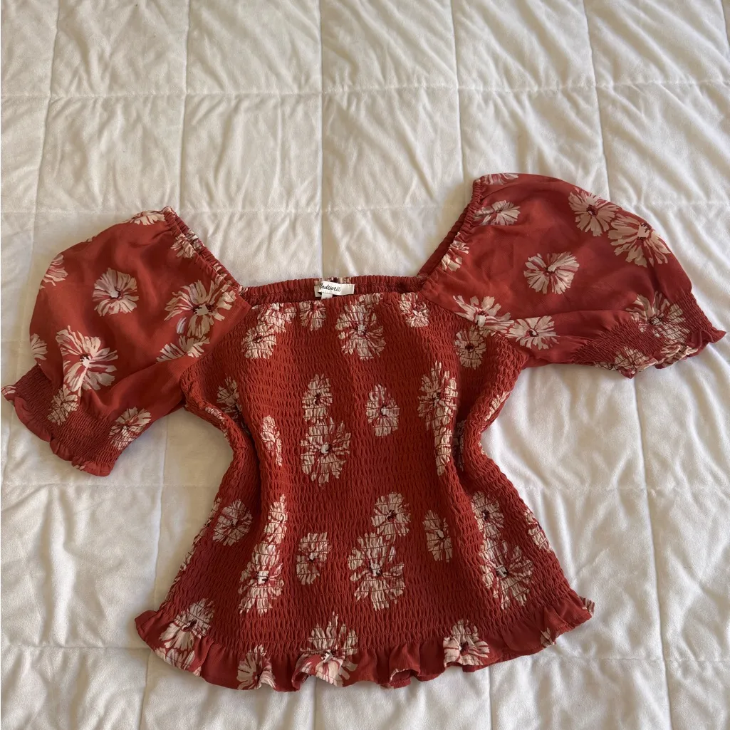 Madewell Rust Floral Smocked Blouse - Image 6