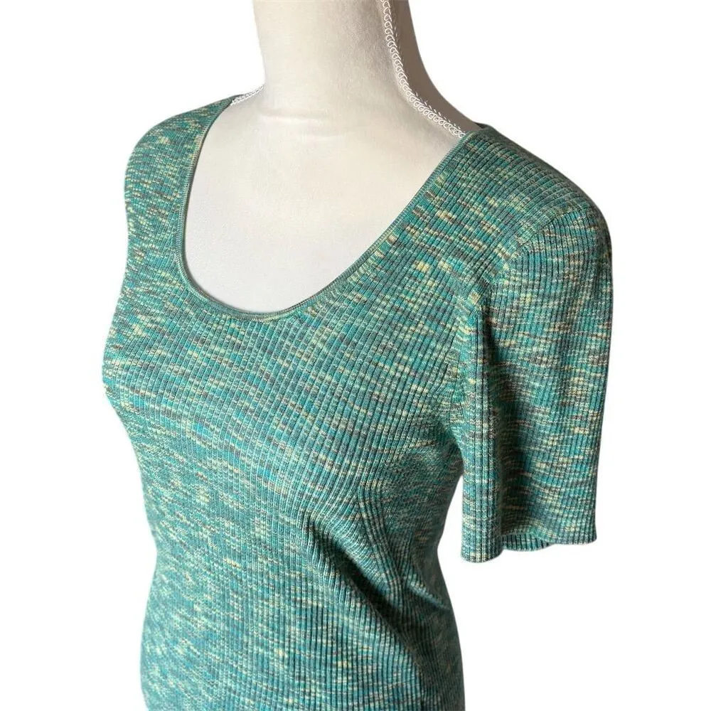 Anthropologie Women's M Green Scoop Neck Short Sleeve Sweater Ribbed Tee - Image 4