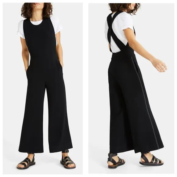 Theory X Back Jumpsuit Size 10 Black Crepe Cross Back Wide Leg Side Stripe - Image 2