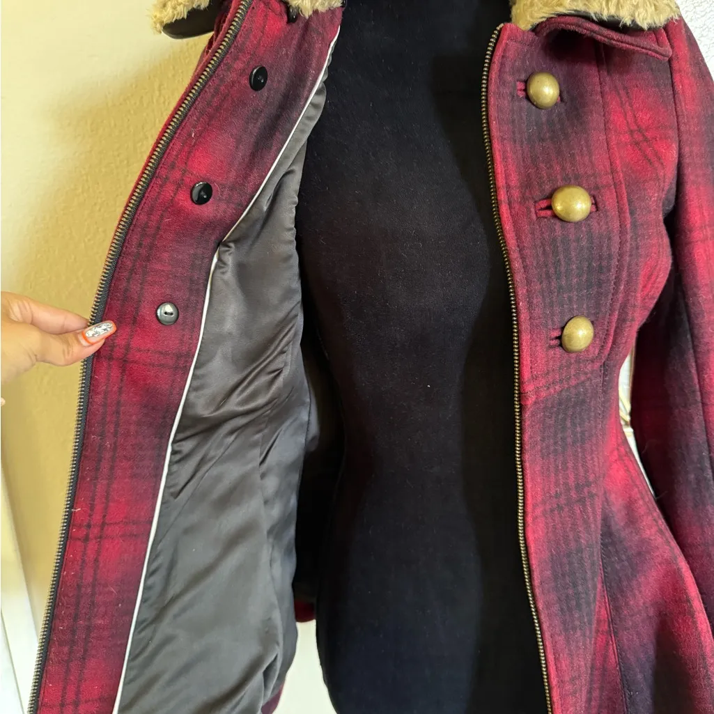 ANTHROPOLOGIE ELEVENSES
Red Plaid Fitted WOOL BLEND COAT Zip Button Womens Sz 0 - Image 4