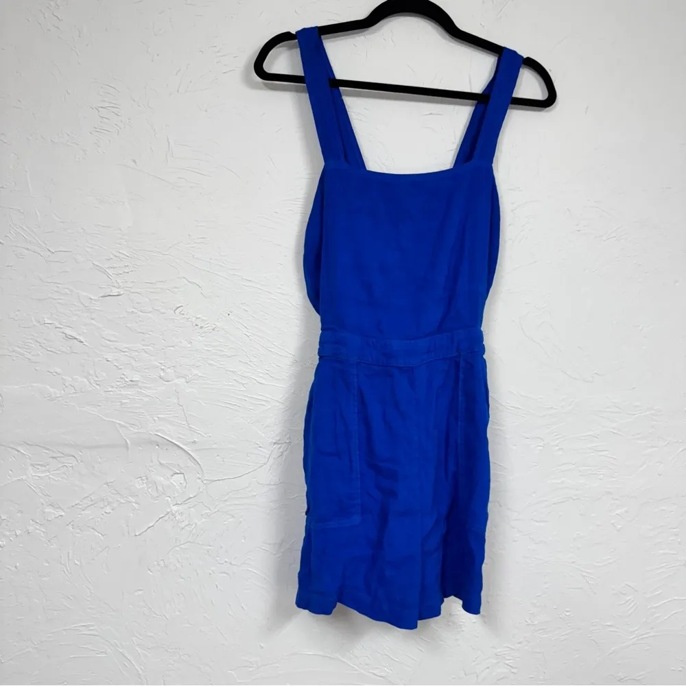 Zara Blue Linen Romper Womens M Beachy Casual Short Overalls Summer Vacation - Image 5