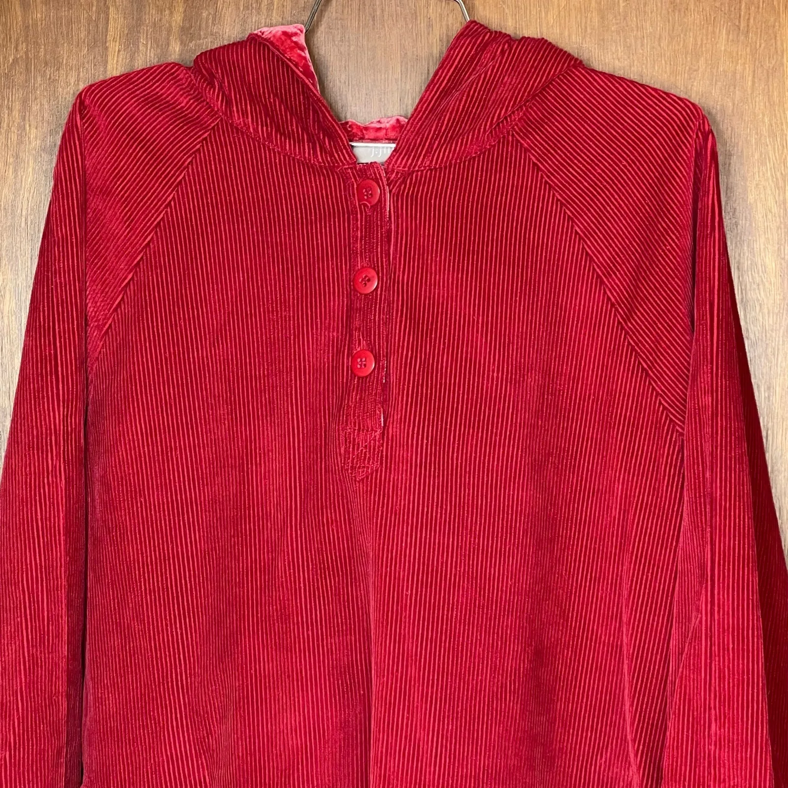 J. Jill Red Corduroy Woman’s Hooded Pullover Blouse Size Medium - Image 2
