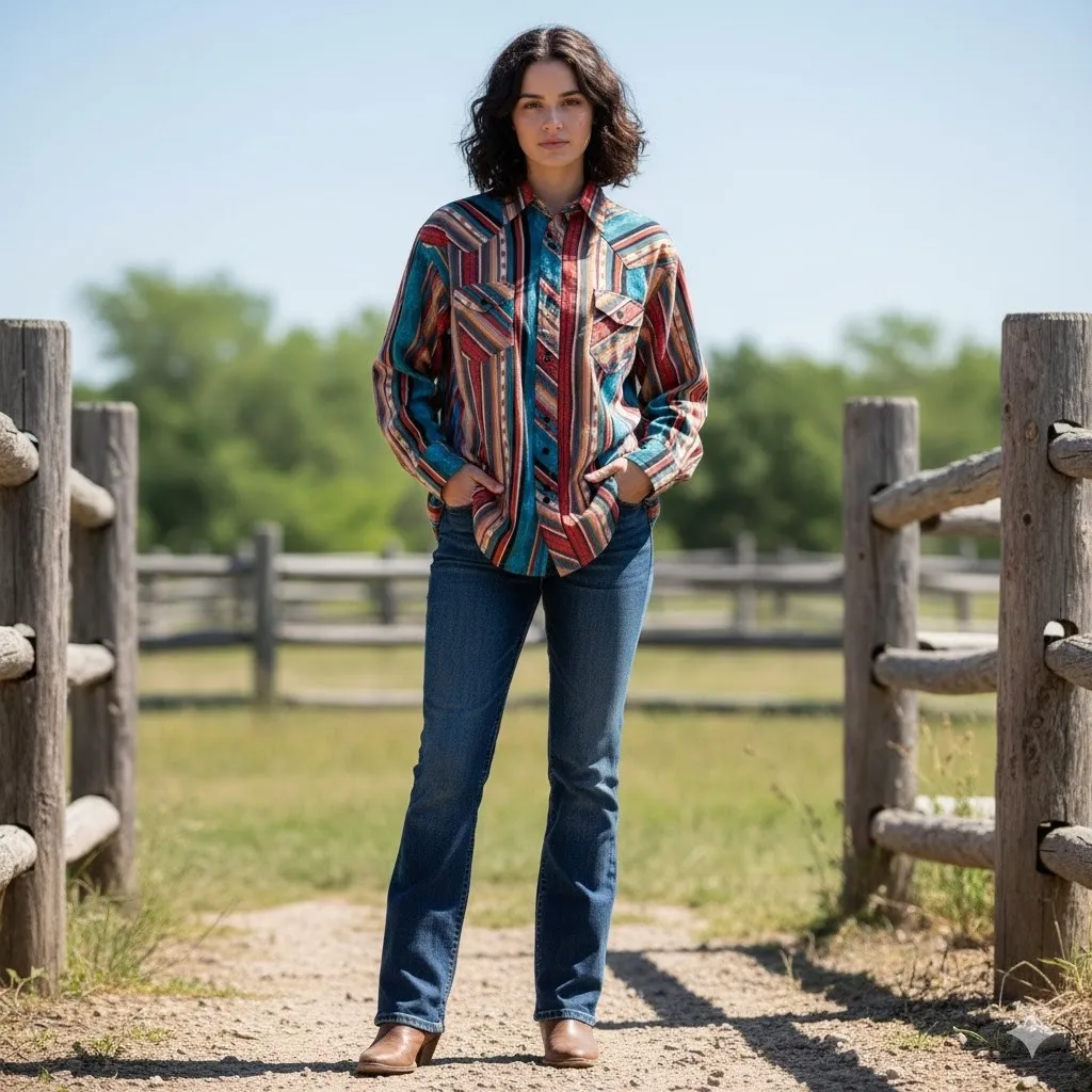 Rock & Roll Denim Women's Modern Fit Southwestern Stripe Pearl Snap Shirt M Red Size M - Image 2