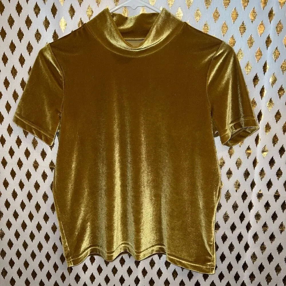 Madewell Velvet Mockneck Tee Short Sleeve Blouse Top in Mustard Golden Yellow si - Image 6