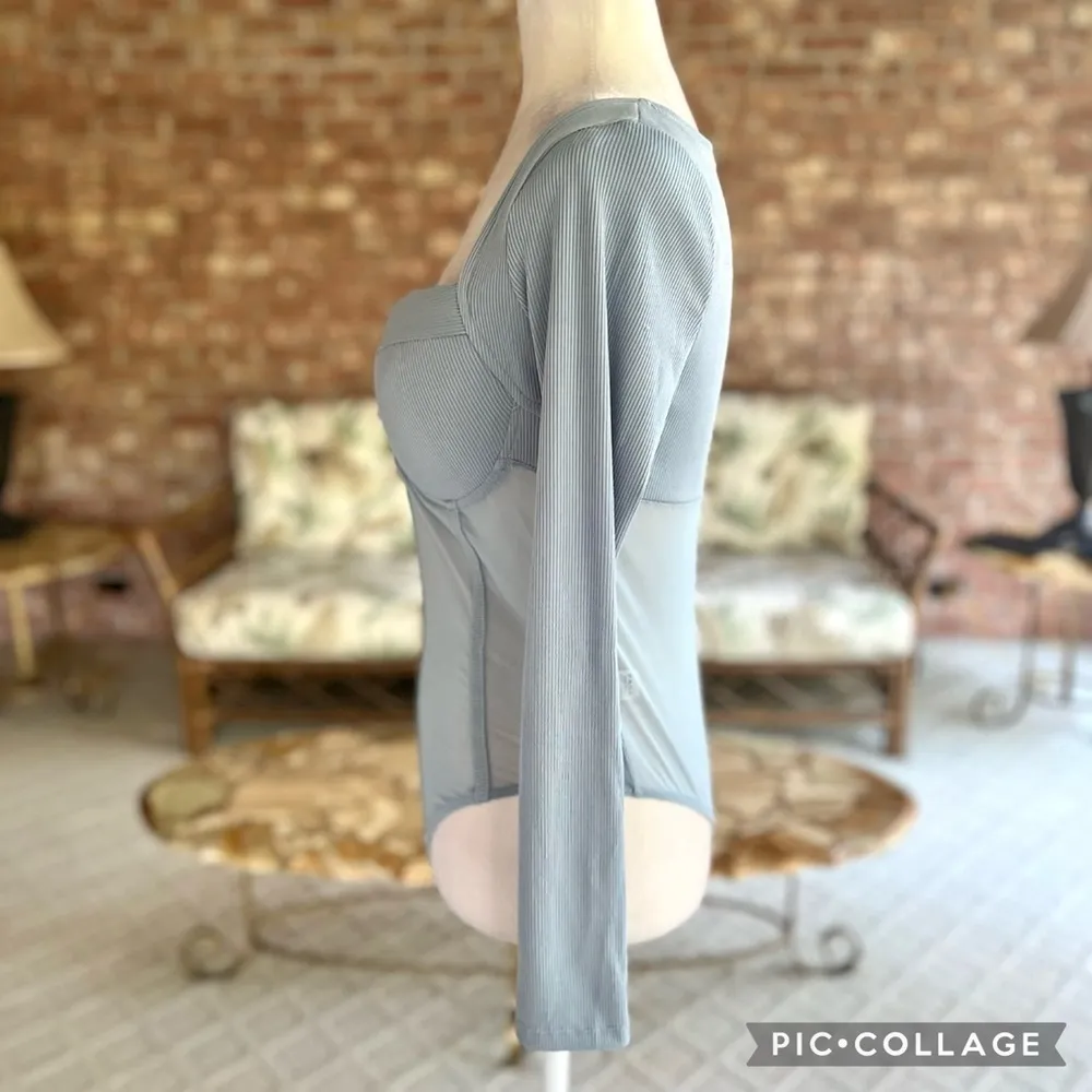 Blashe Bodysuit Molded Cup Blue Mesh Ribbed L Sheer Chic Coquette Size L - Image 7