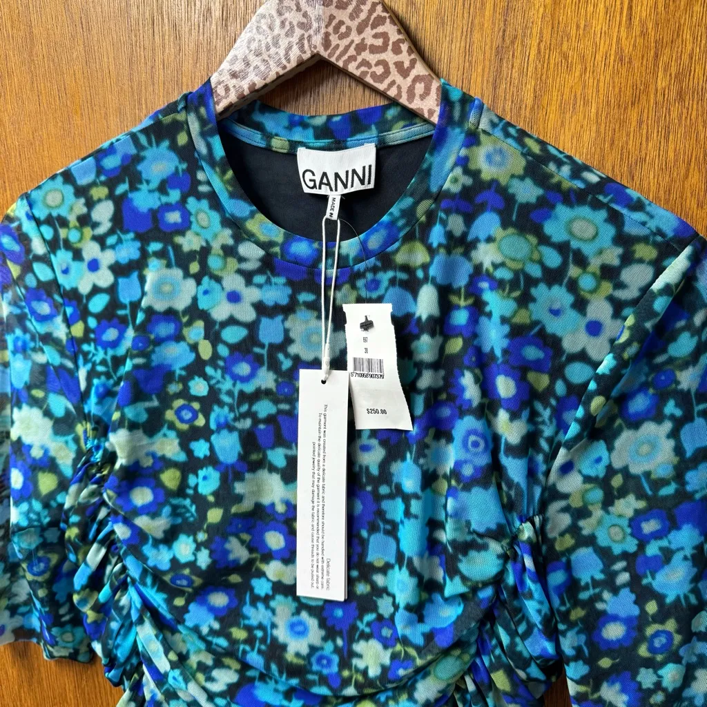 NEW Ganni Floral Print Mesh Short Sleeve Mini Dress Ruched Azure Blue EU 38 $250 - Image 6